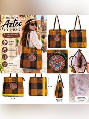Vintage Style Mexican Riviera Maya Aztec Calendar Embroidered Tote Bag – Boho Y2